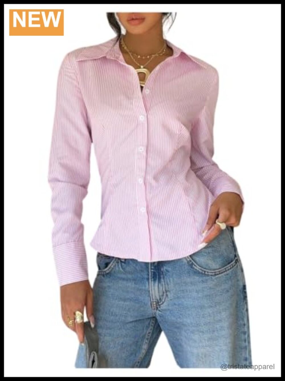 Women's Plus Size Striped Collared Long Sleeve Button Down Blouse